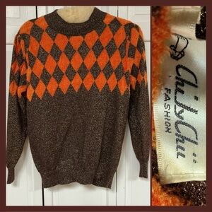 VTG Angora Blend Fuzzy Argyle Diamond Metallic Brown Sheen Retro Knit Sweater